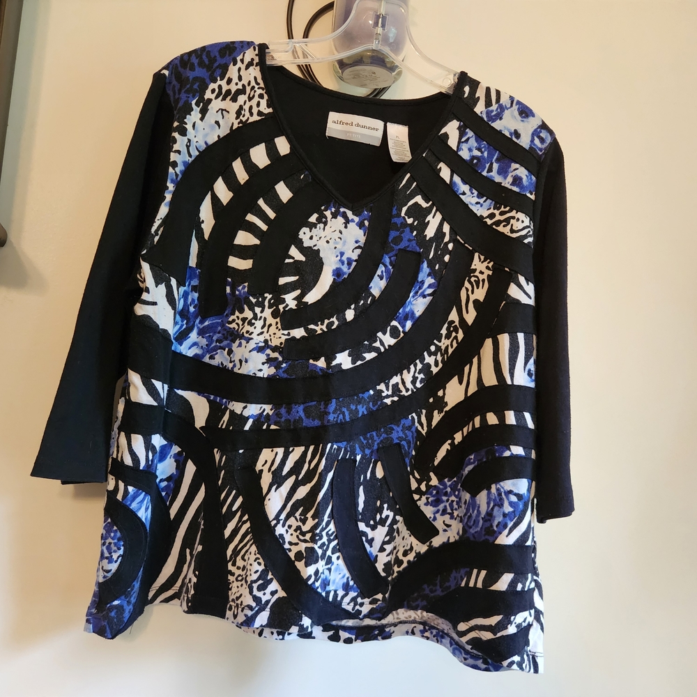 Alfred Dunner Black, Blue & White Patterned Womens Top Petite Large